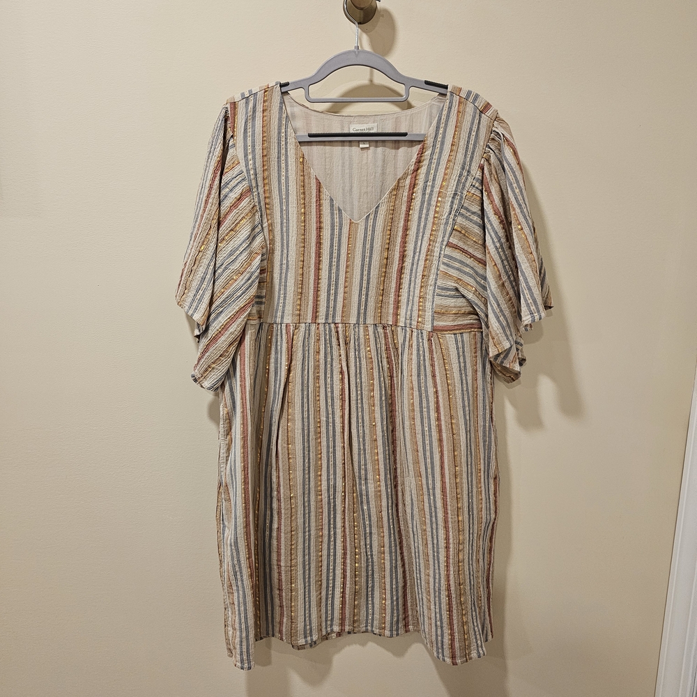 Garnet Hill Lola Shimmering Organic-Cotton Dress in a cream-striped colorway; L - Picture 3 of 8